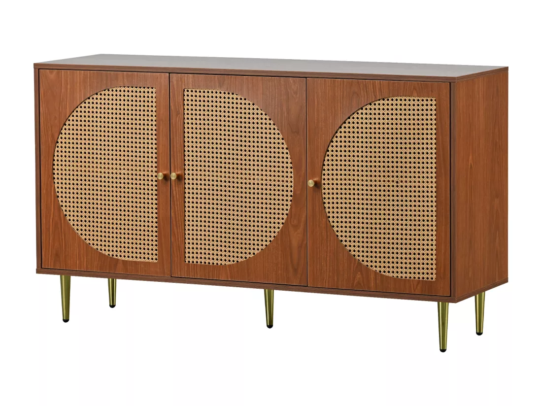 Buffet effet bois noyer avec 3 portes en rotin poignées pieds dorés 129,8x40x76cm OMOILL