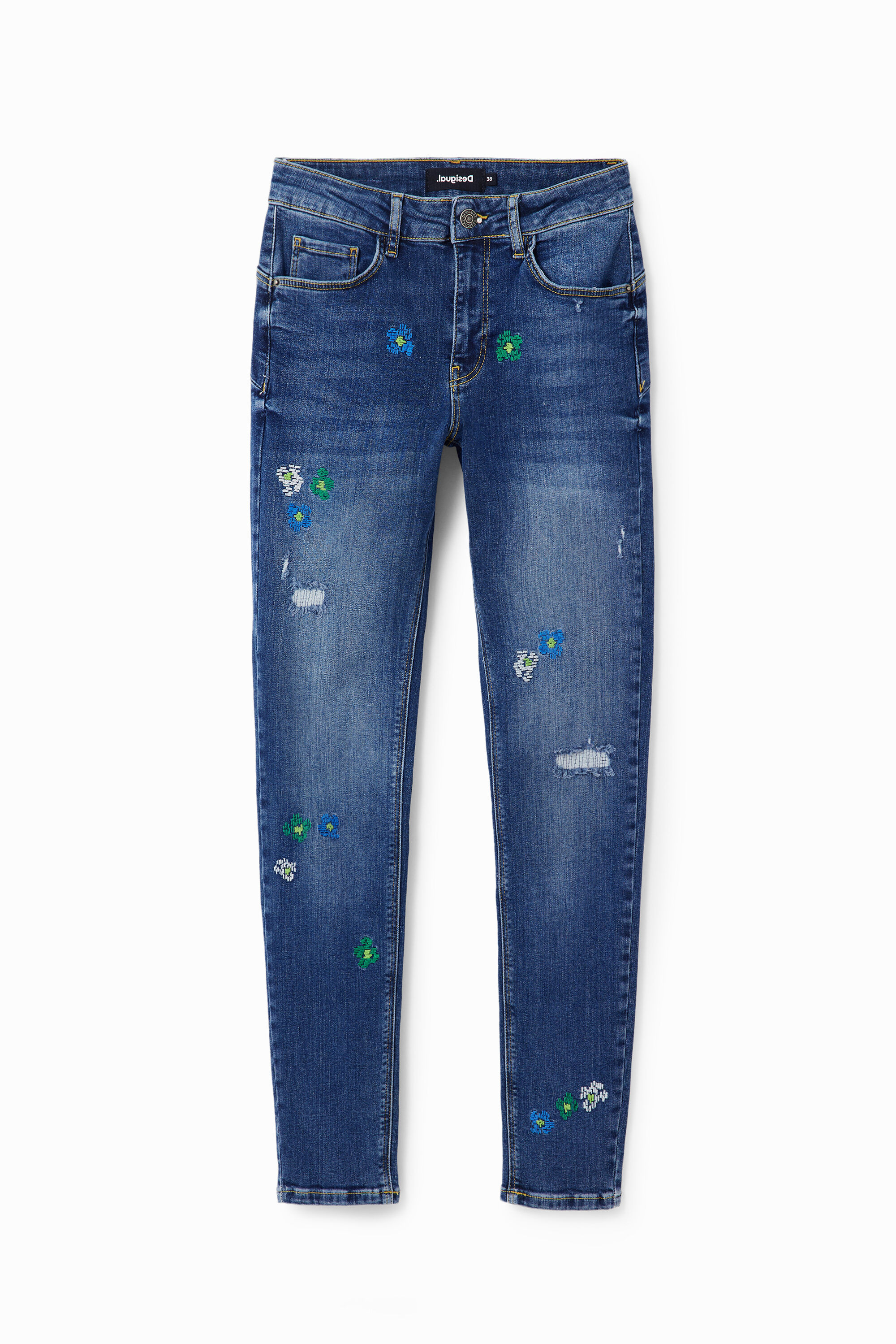 Calça jeans skinny push-up bordada