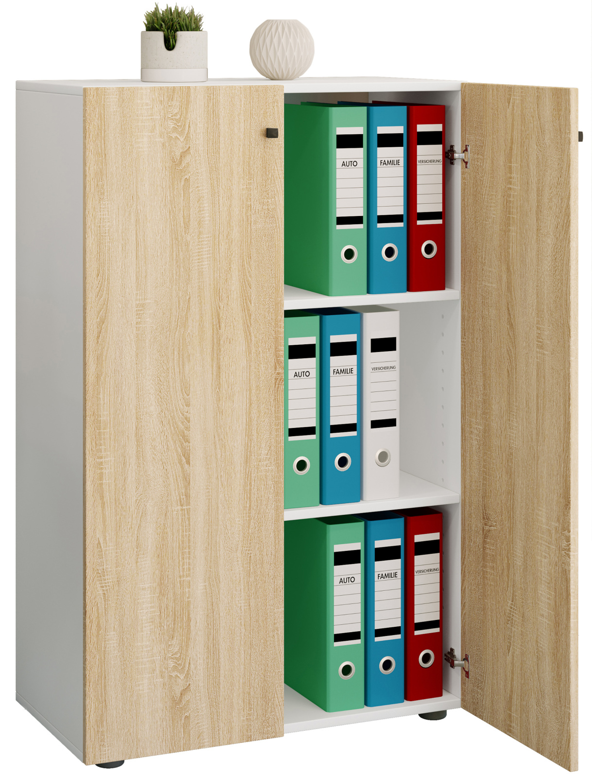 Büroschrank LONA XL - Sonoma Eiche - weiß - mit Drehtüren - 110 cm hoch