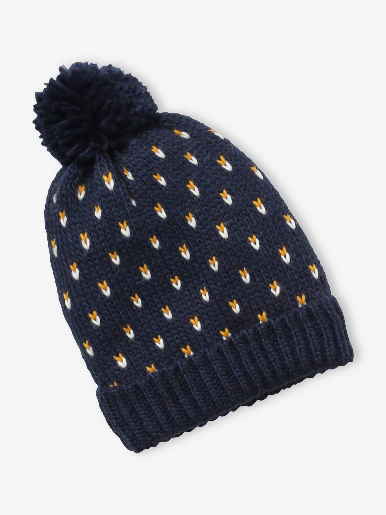 Conjunto de gorro, cachecol e luvas com estampa de corações em azul escuro, para meninas.