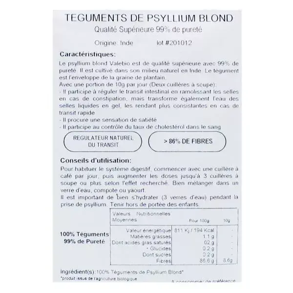 Valebio Psyllium Louro Orgânico 120g