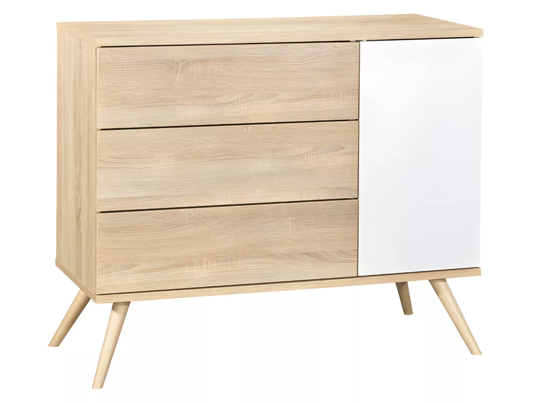 Commode 3 tiroirs 1 porte Seventies Blanc et bois