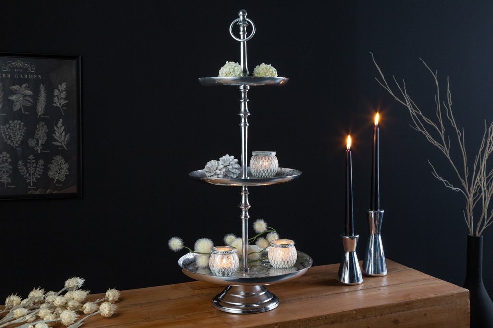 Elegante Etagere ORIENT 65cm silber im Wild Hammerschlag Design mit drei Etagen