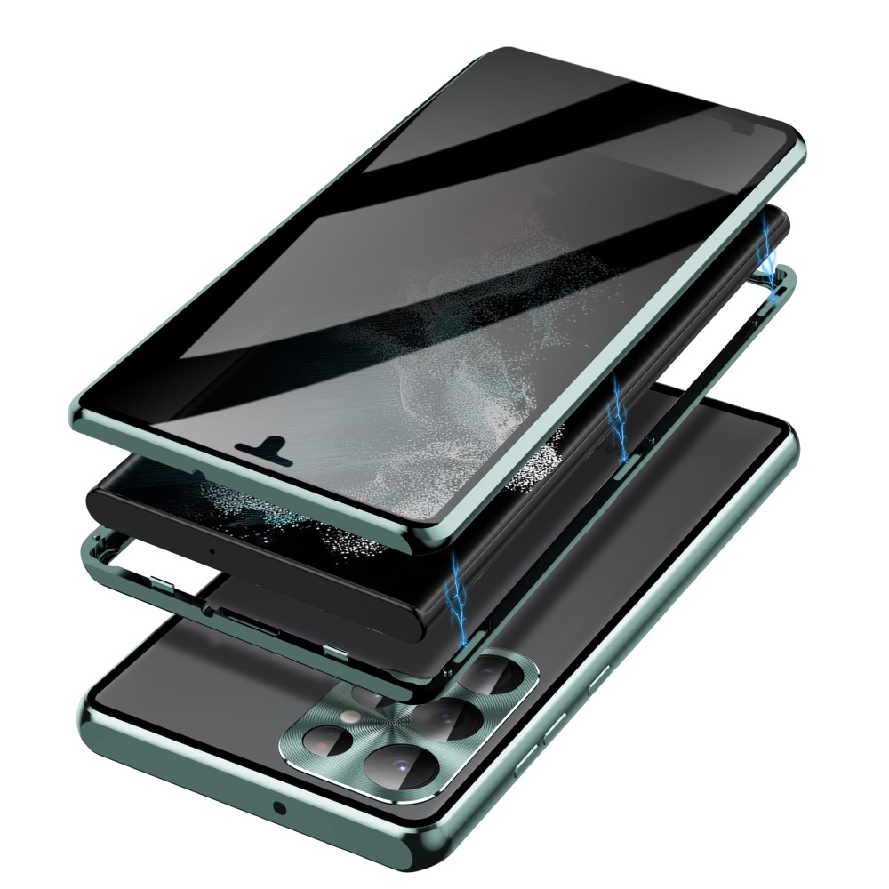 Samsung Galaxy S23 Ultra 5G Magnetische Alu Schutzhülle mit Panzer Glas Backcover   Privacy Display- / Kameraglasschutz (Verschlussmechanismus) - Grün