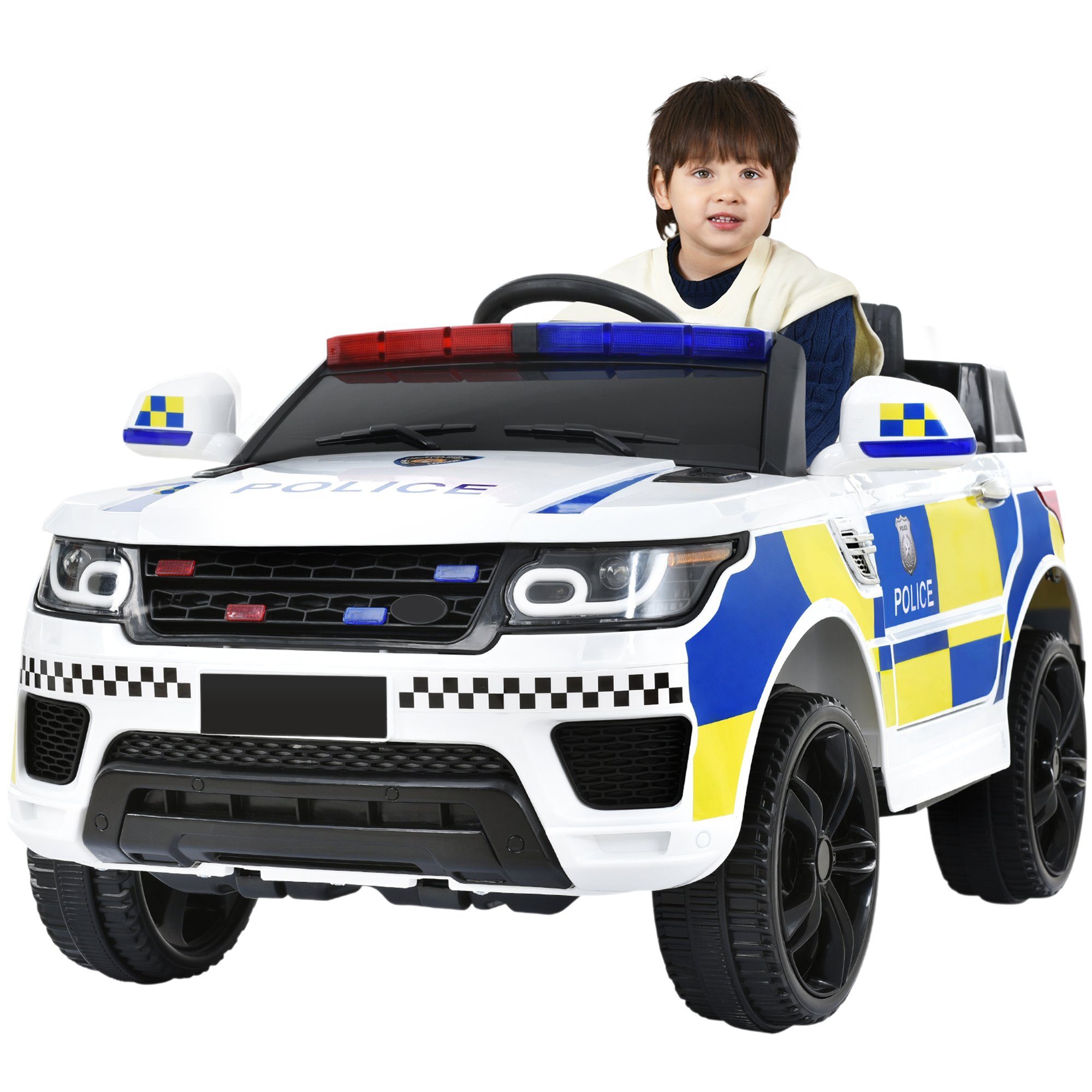 Carrinho elétrico infantil Merax com USB, AUX e Bluetooth, incluindo controle remoto, capacidade de carga de 30 kg, carro de polícia elétrico, carrinho infantil.