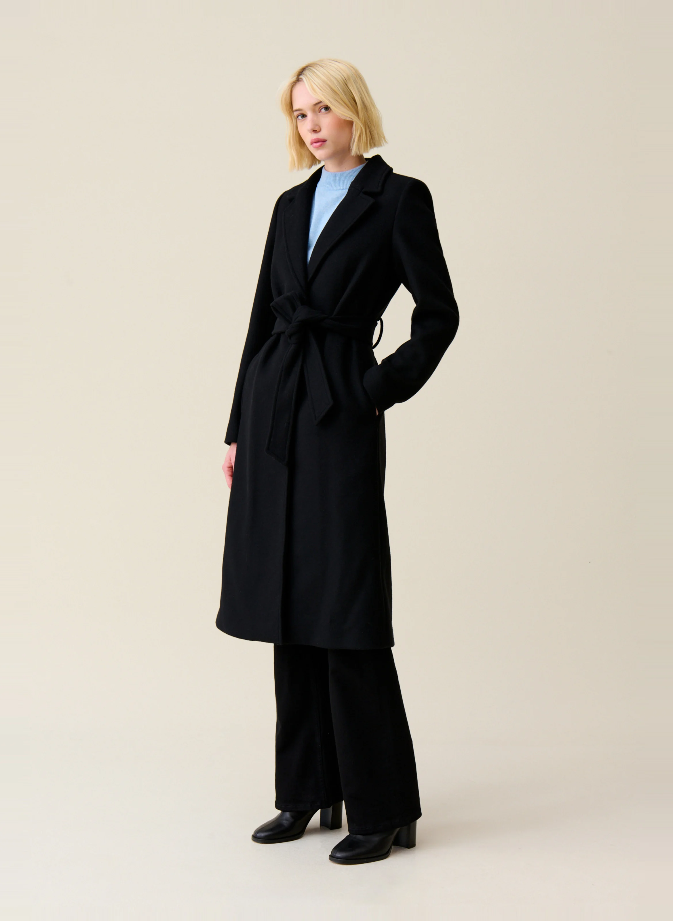 Manteau long en laine mélangée | Noir