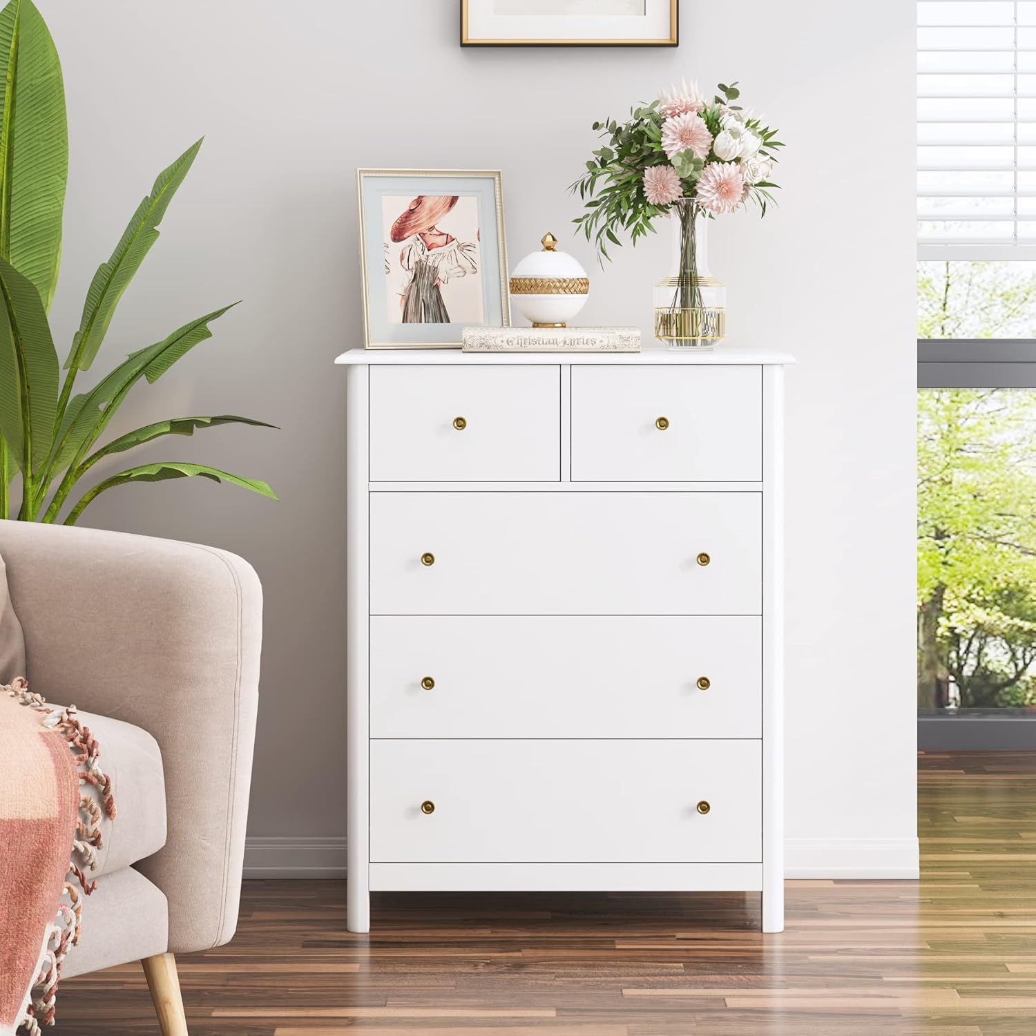 HOCSOK Kommode, Kommode Weiß, Sideboard mit 5 Schubladen, Beistellschrank viel Stauraum, Mehrzweckschrank für Wohnzimmer Schlafzimmer Flur, 74x40x94cm