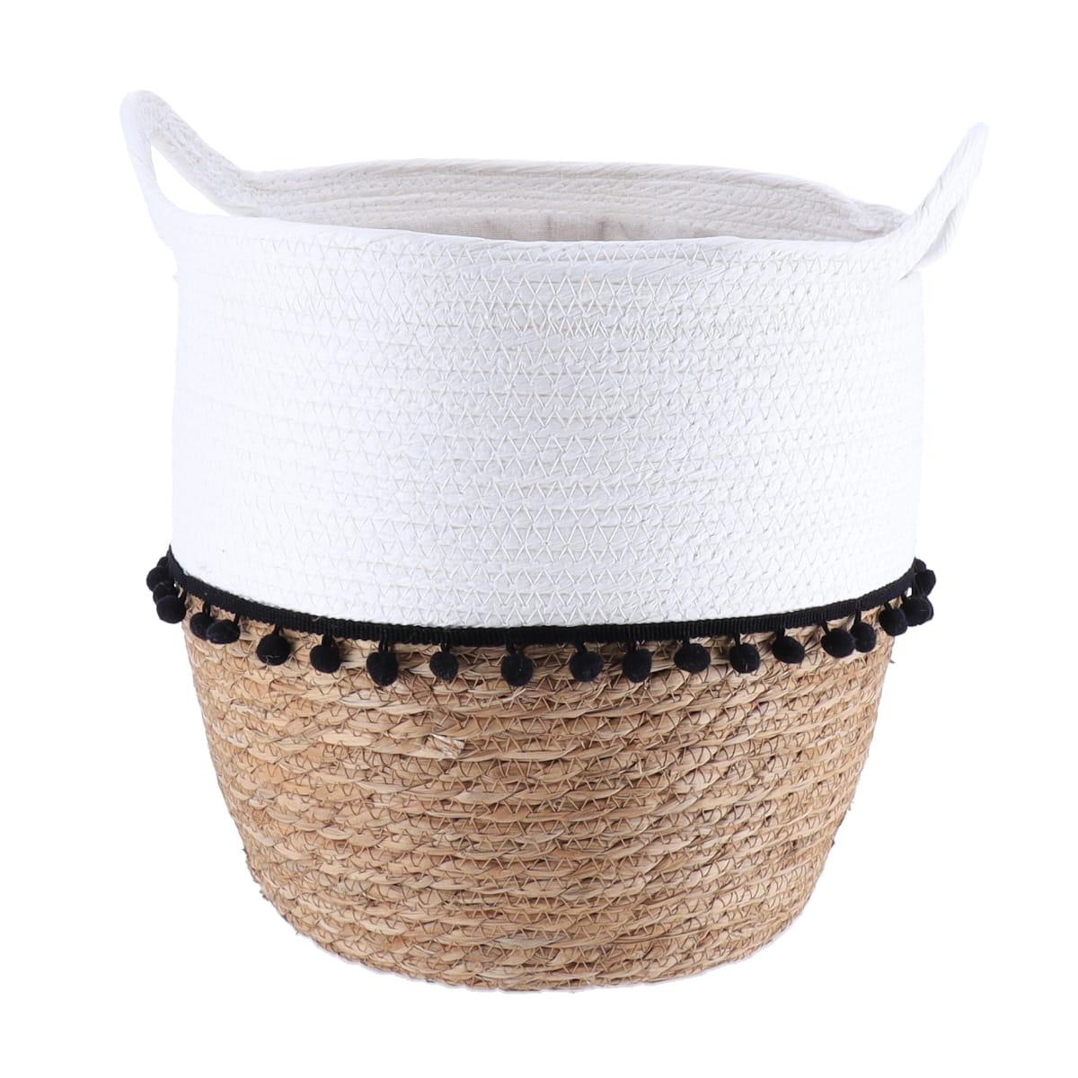 PANIERE RONDE DECO POMPONS D.32X38CM BLANC NATUREL