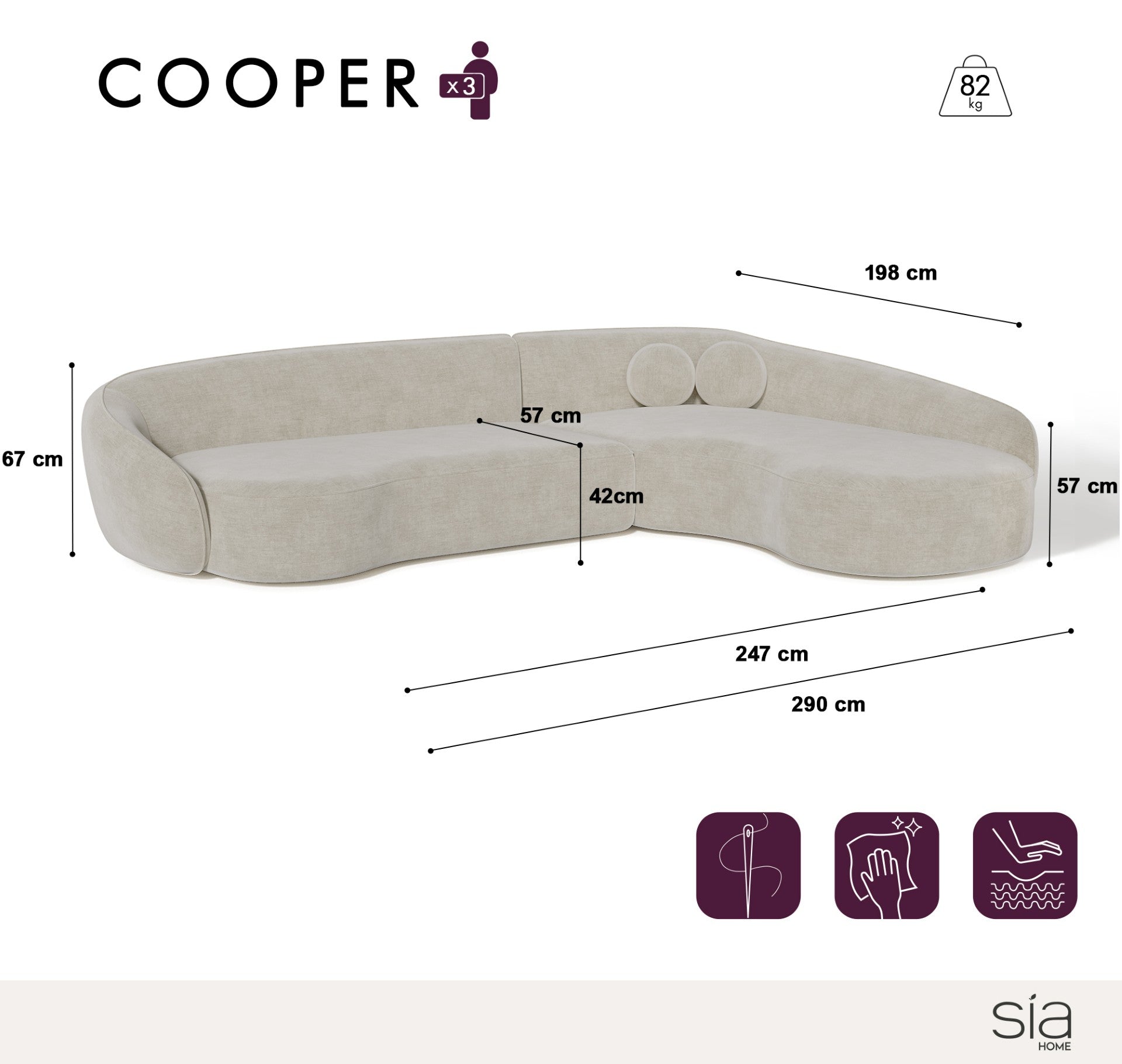 Rechte hoekbanken COOPER 4 personen Bouclette stof Gebroken wit