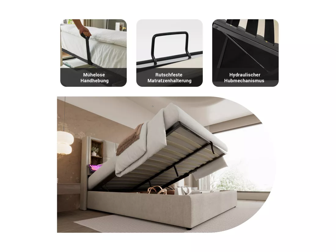 Lit adulte, cadre de lit double rembourré 180x200 cm, avec espace de rangement et recharge sans fil USB C, cadre de lit en bois et lin naturel