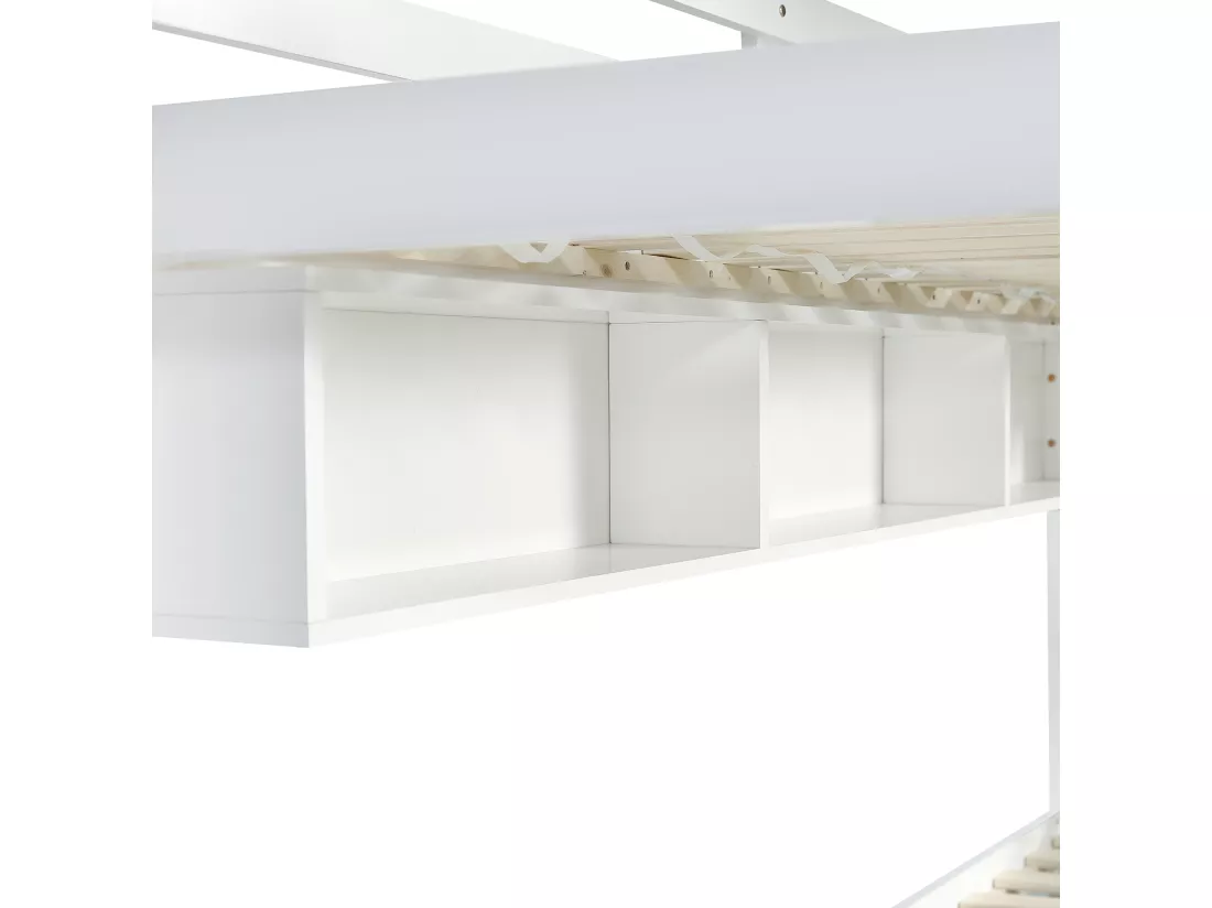 Lit superposé en bois - 90x200 cm - avec 2 tiroirs et étagères - Blanc & Rose (sans rideaux)