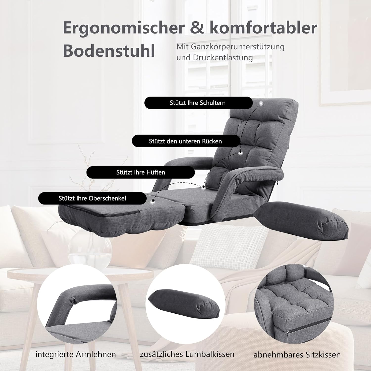 COSTWAY Klappsofa verstellbar, Bodensofa gepolstert, Liegebett mit Armlehnen und Kissen, Bodensessel Bodenstuhl Bodenstuhlsofa für Zuhause und Büro (Grau)