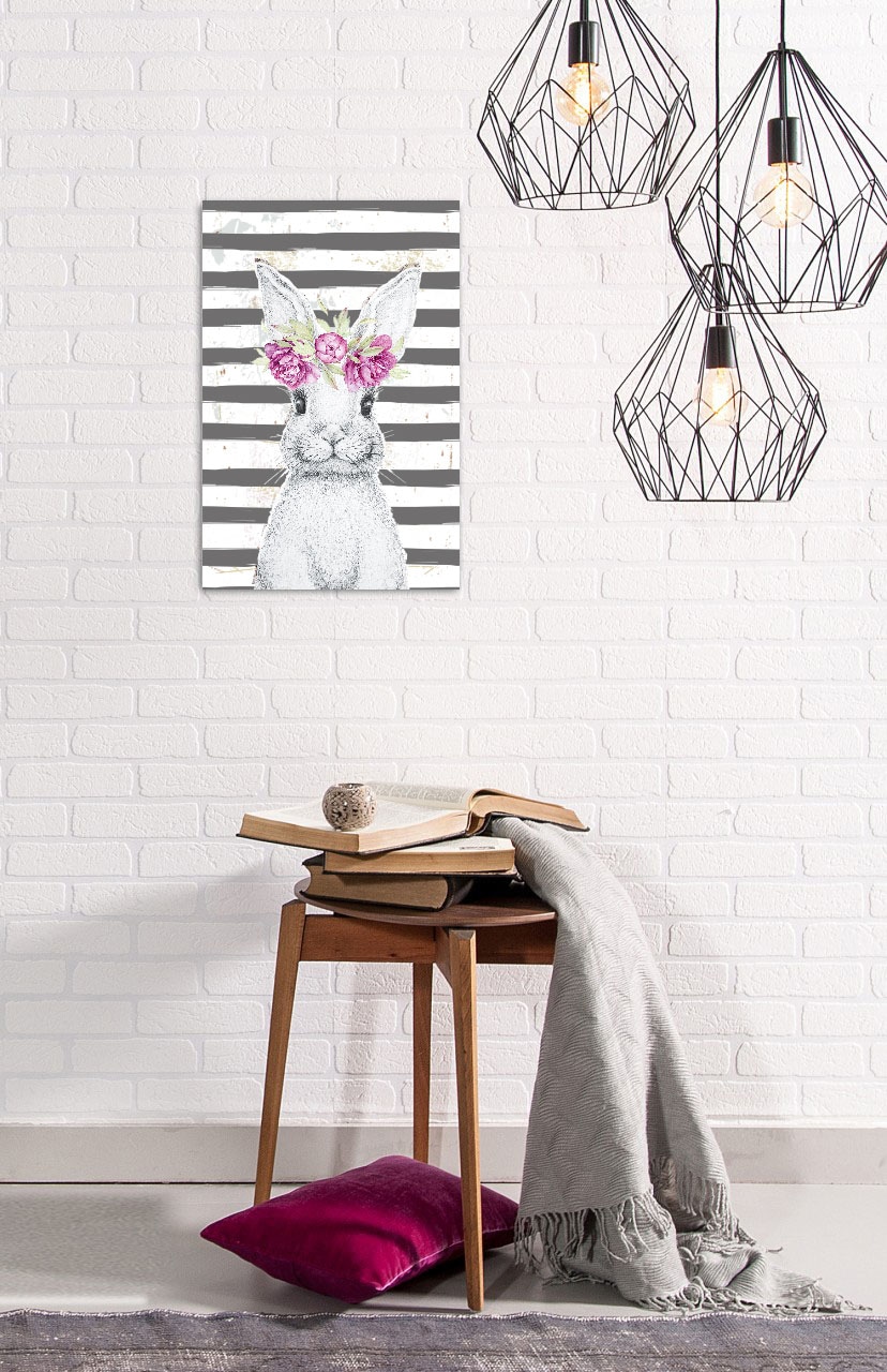 queence Metallbild »Bunny II« Blumenbilder | Tiere 1 Stk. tlg. Hase, Blechschild, Stahlschild, Blumenkranz