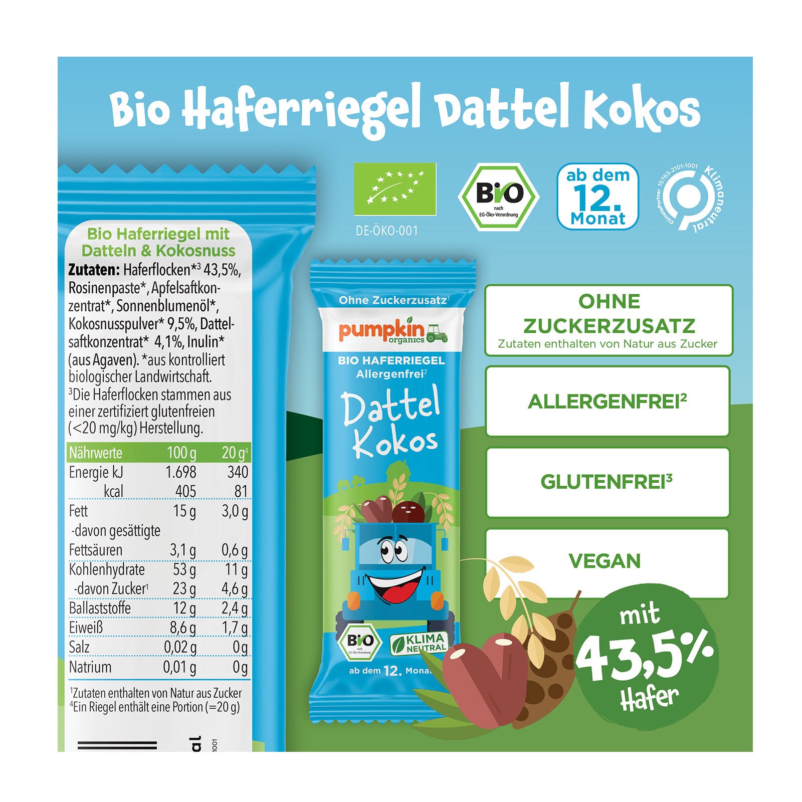 Pumpkin Organics Bio Haferriegel Dattel Kokos