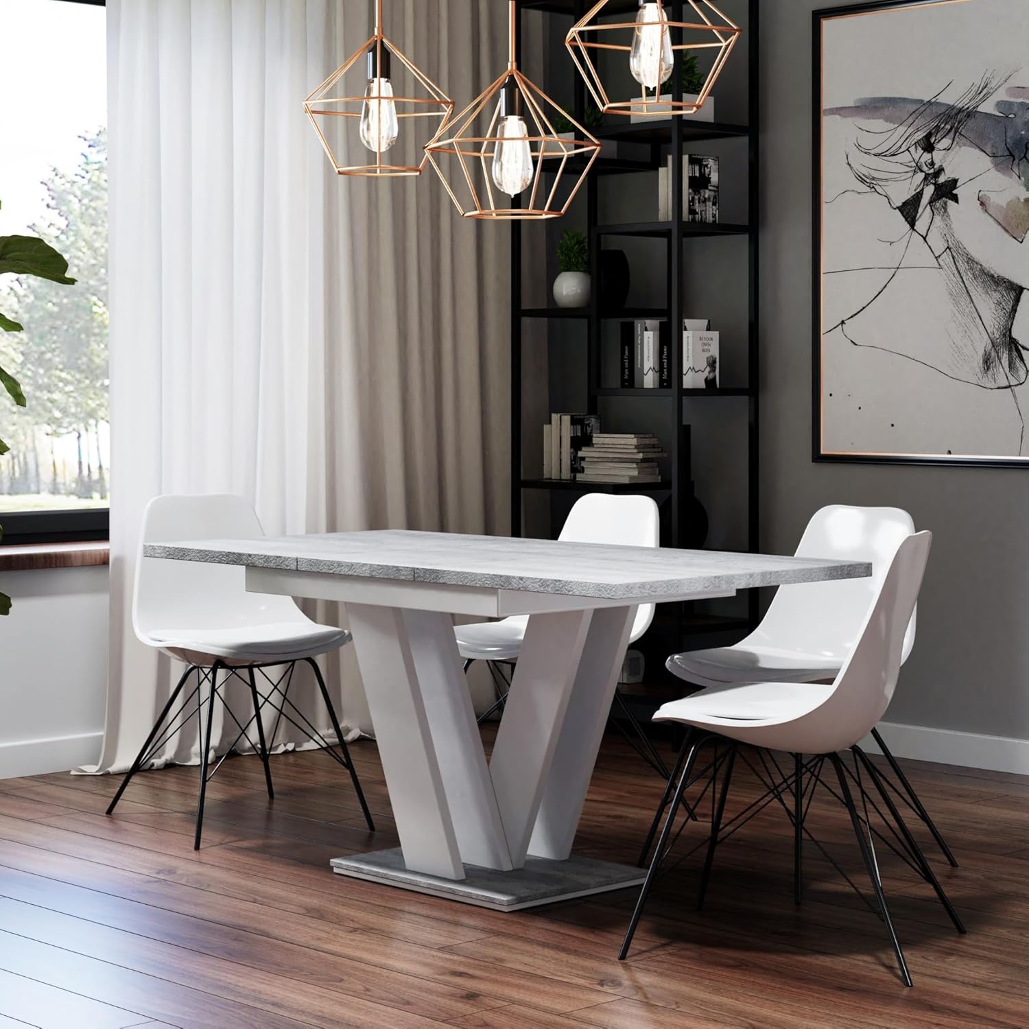 Malvi - Esstisch Ausziehbar auf 160 cm - 120x80x75 cm - Modern - Dinner Table - Esszimmertisch - Tisch für Esszimmer, Wohnzimmer - Ausziehtisch - Betonoptik/Weiß Matt