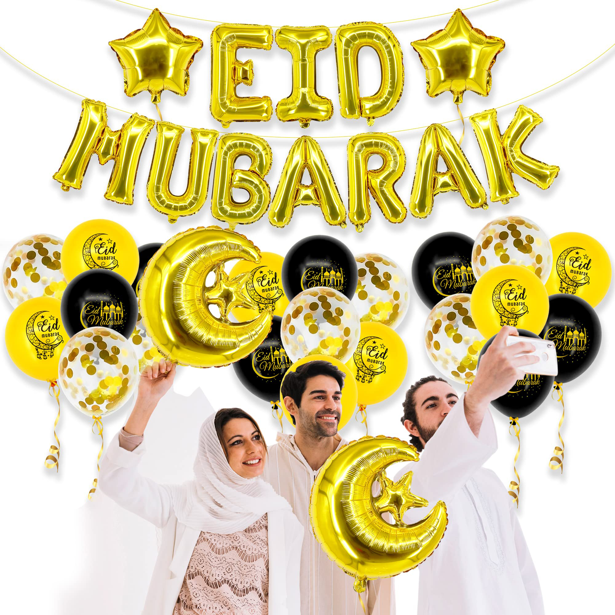 (26-tlg. Set) Ramadan Ballon Girlande Eid Mubarak Party Deko   Latex- & Folien Luftballons - Gold / Schwarz