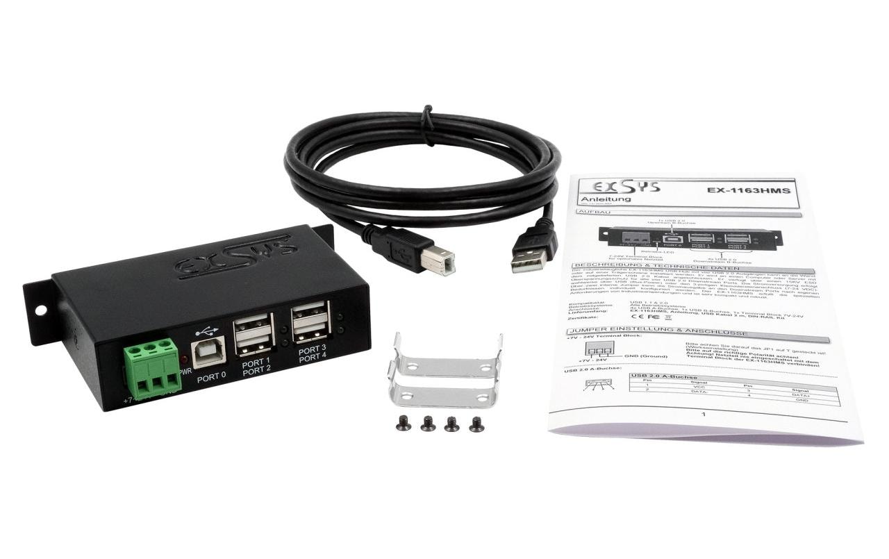 USB-Hub EX-1163HMS 4-Port USB 2.0Robuster USB 2.0 Hub mit 15KV ESD Überspannungsschutz, ideal für Industrieanwendungen