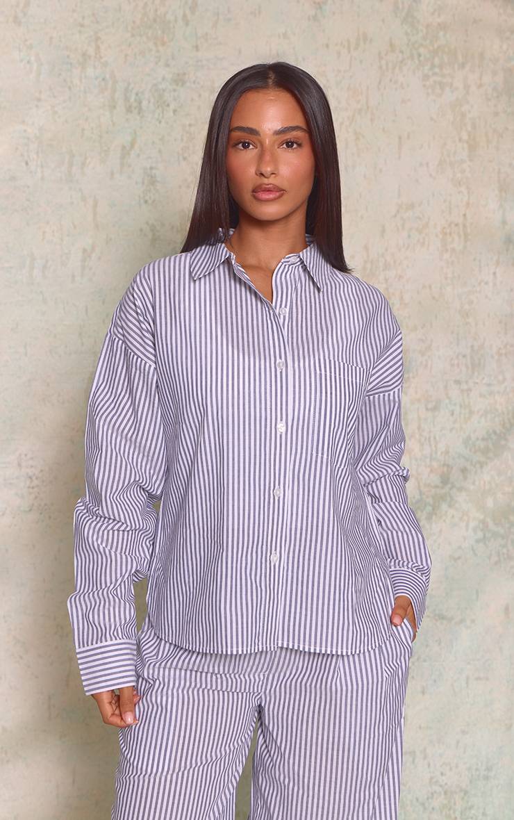 Bleu Chemise Oversize Coordonnée À Rayures Fines Effet Lin Gris Petite Avec Boutonnage