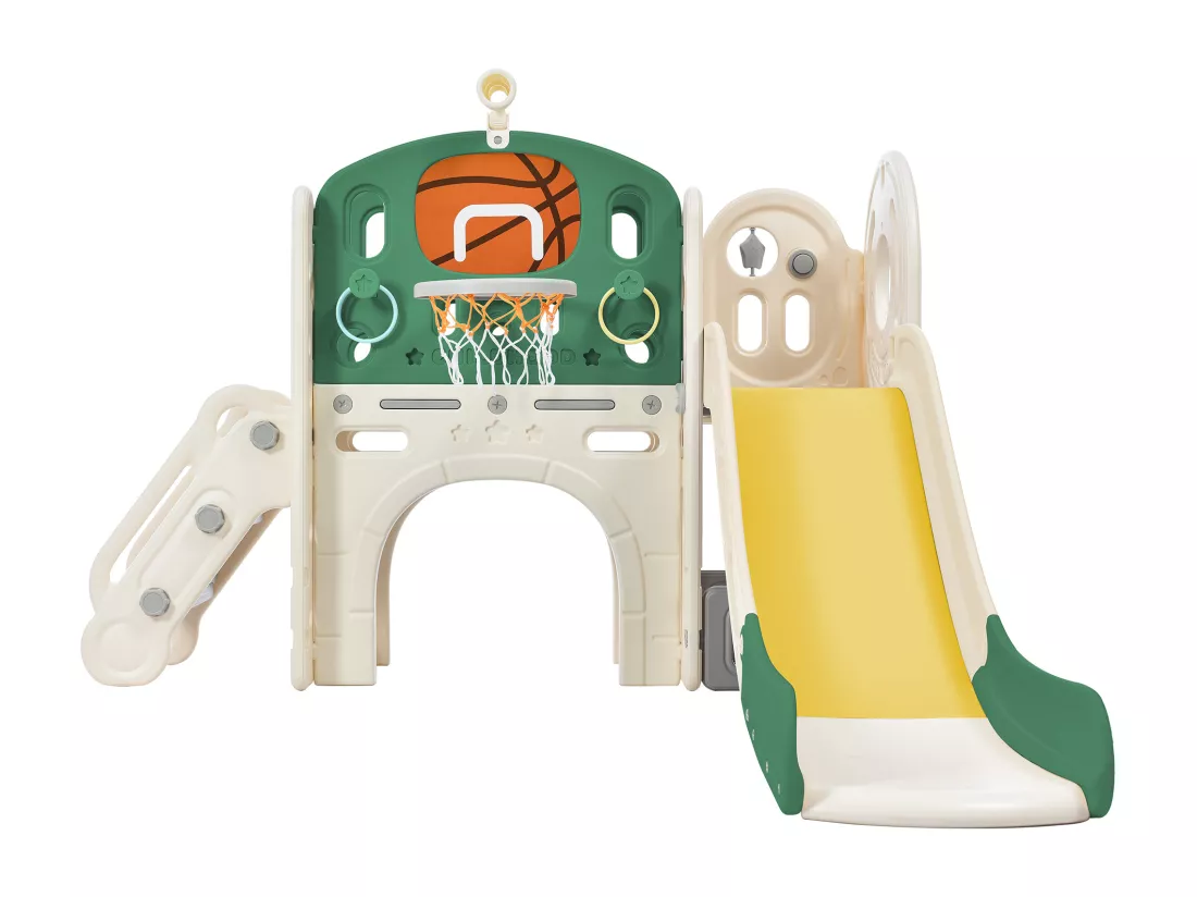 Toboggan pour Enfants,Aire de Jeux intérieure et extérieure- avec panier de basket, toboggan, ,Escalade- Vert