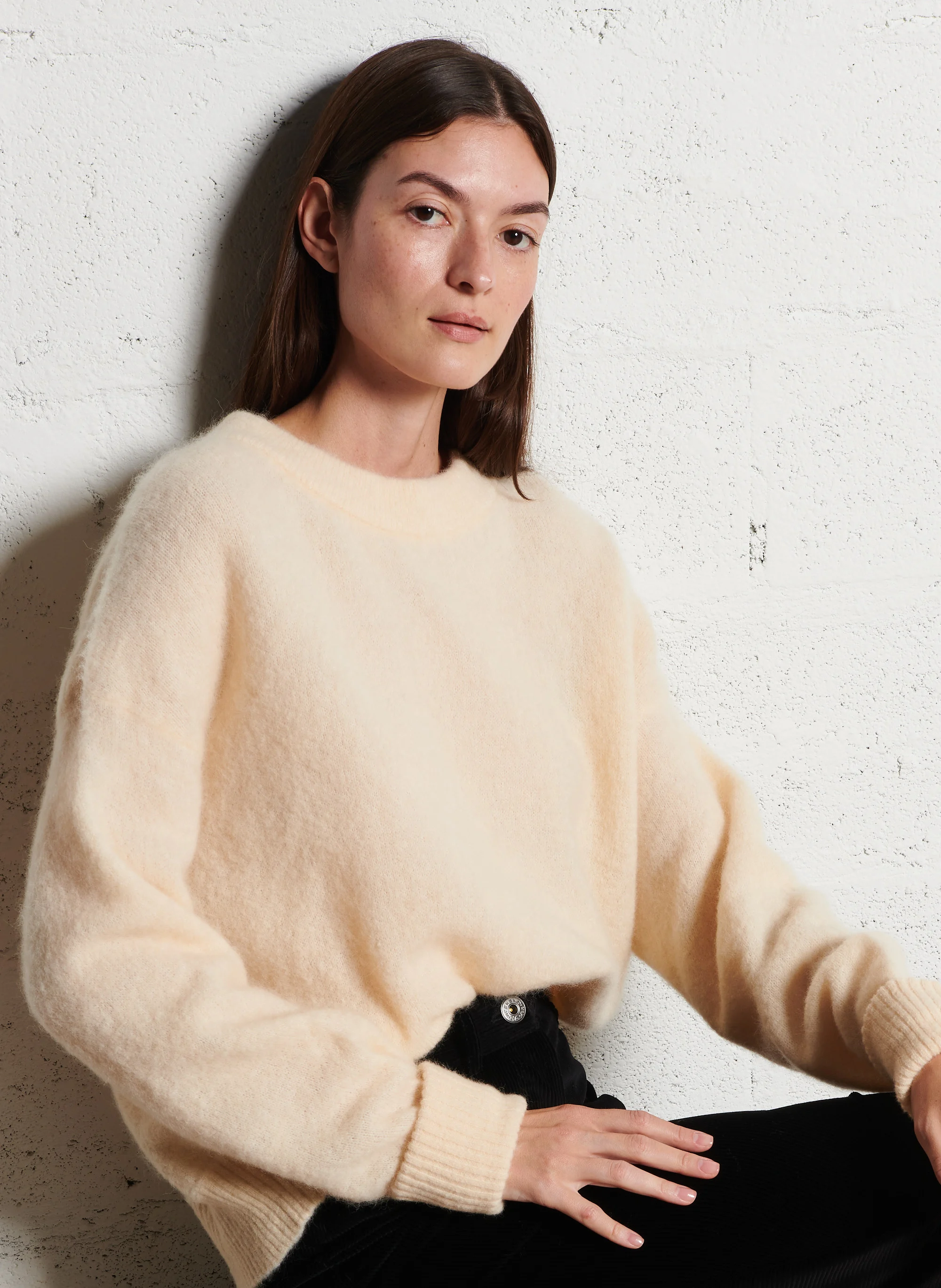 VITOW - Pull ample col rond en laine mélangée| Beige