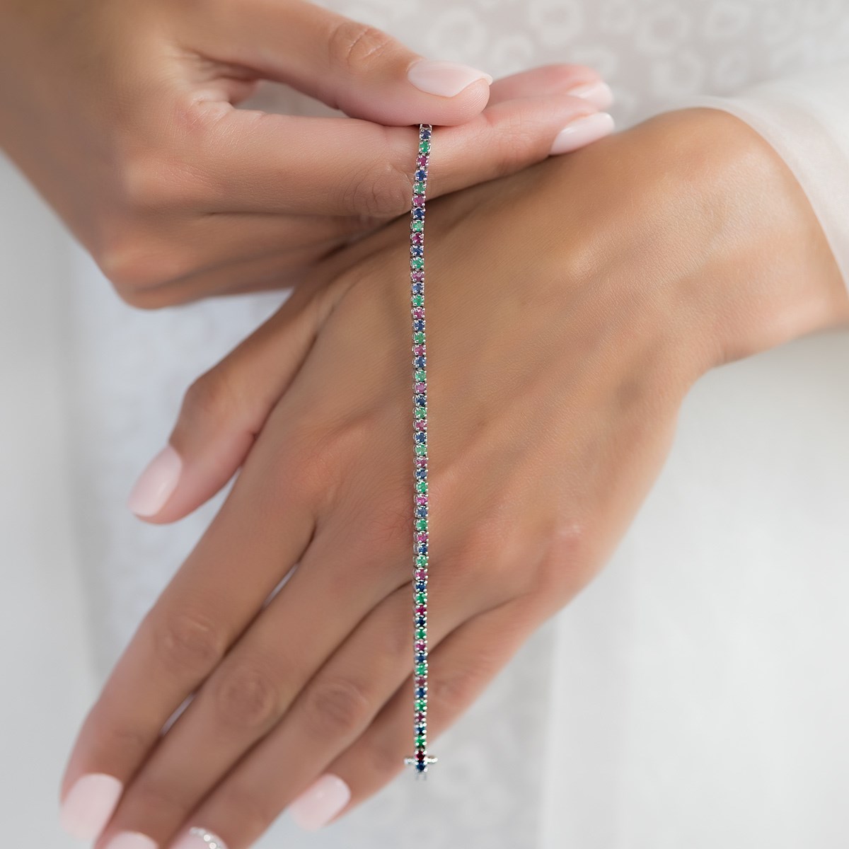 Bracelet Tricolore Ronde Rubis, Emeraude, Saphir & Argent 925