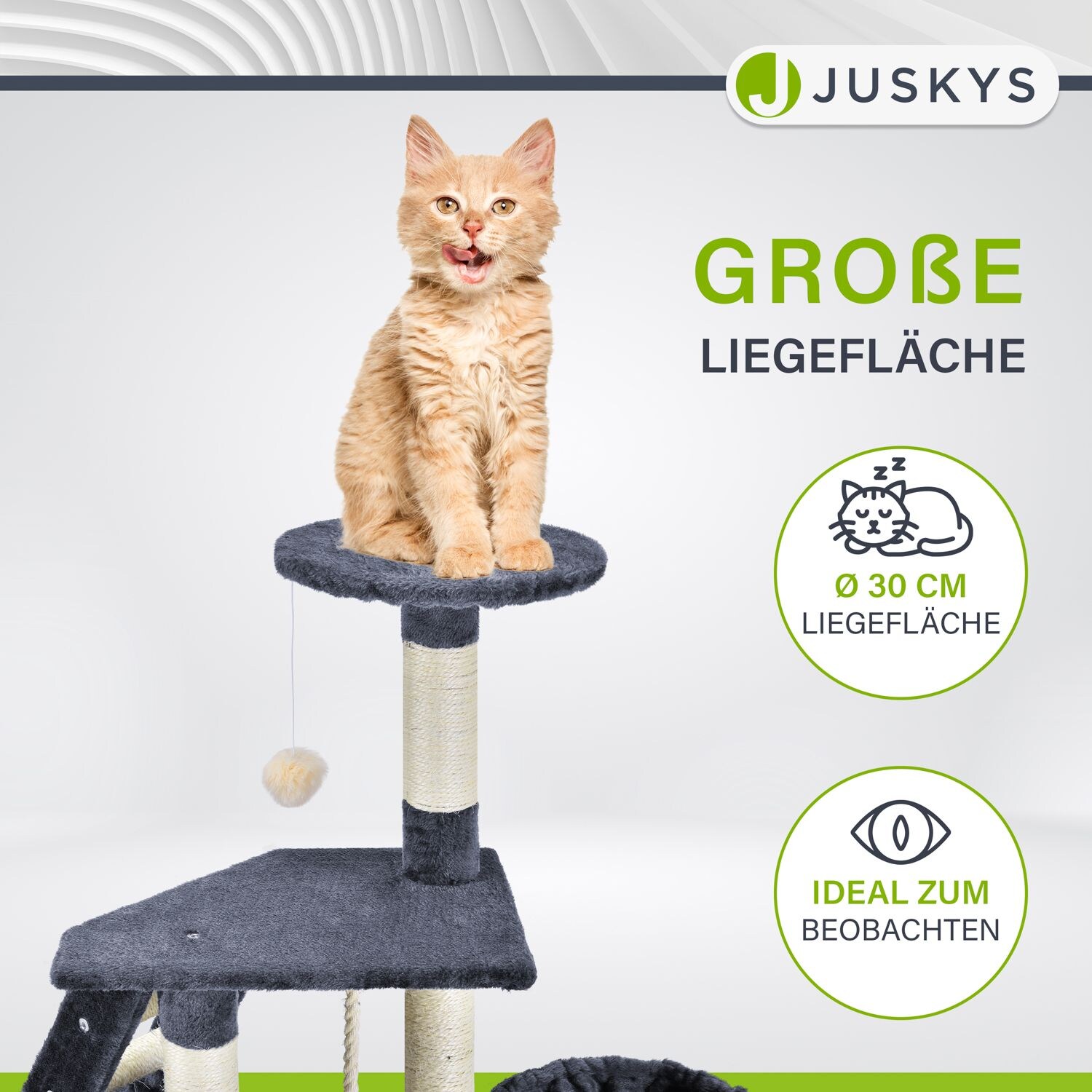 Juskys Kratzbaum Buffy grau – Katzenbaum mit Höhle, Liegemulde, Liegeflächen & Sisal-Stämme