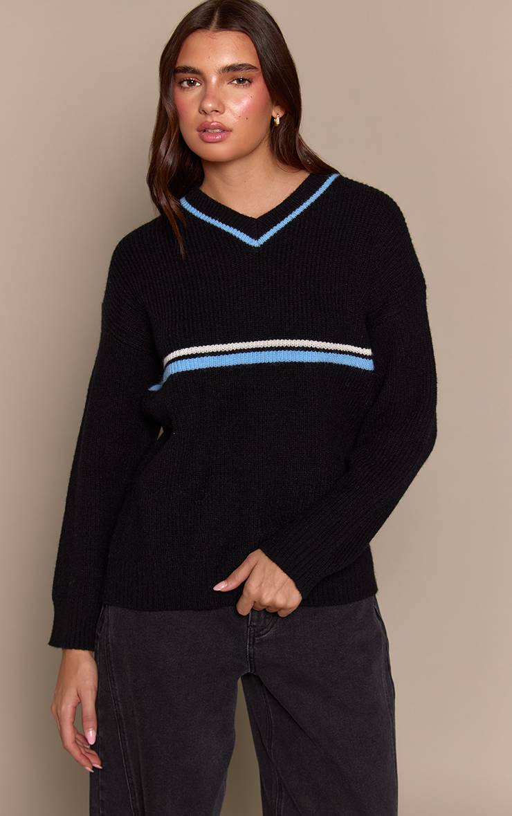 Noir Synthétiquell Sportif Col V À Rayures