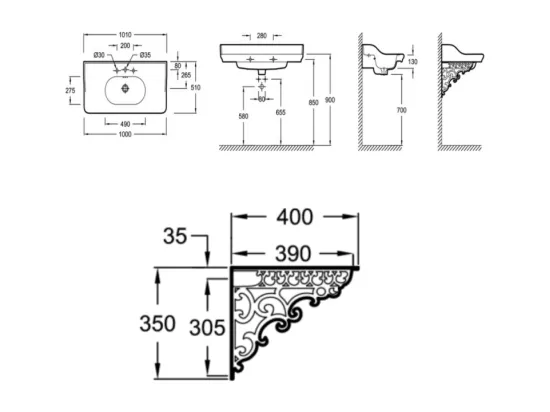 Plan vasque suspendu 3 trous JACOB DELAFON Cléo 1889 avec équerres métal noir + siphon or