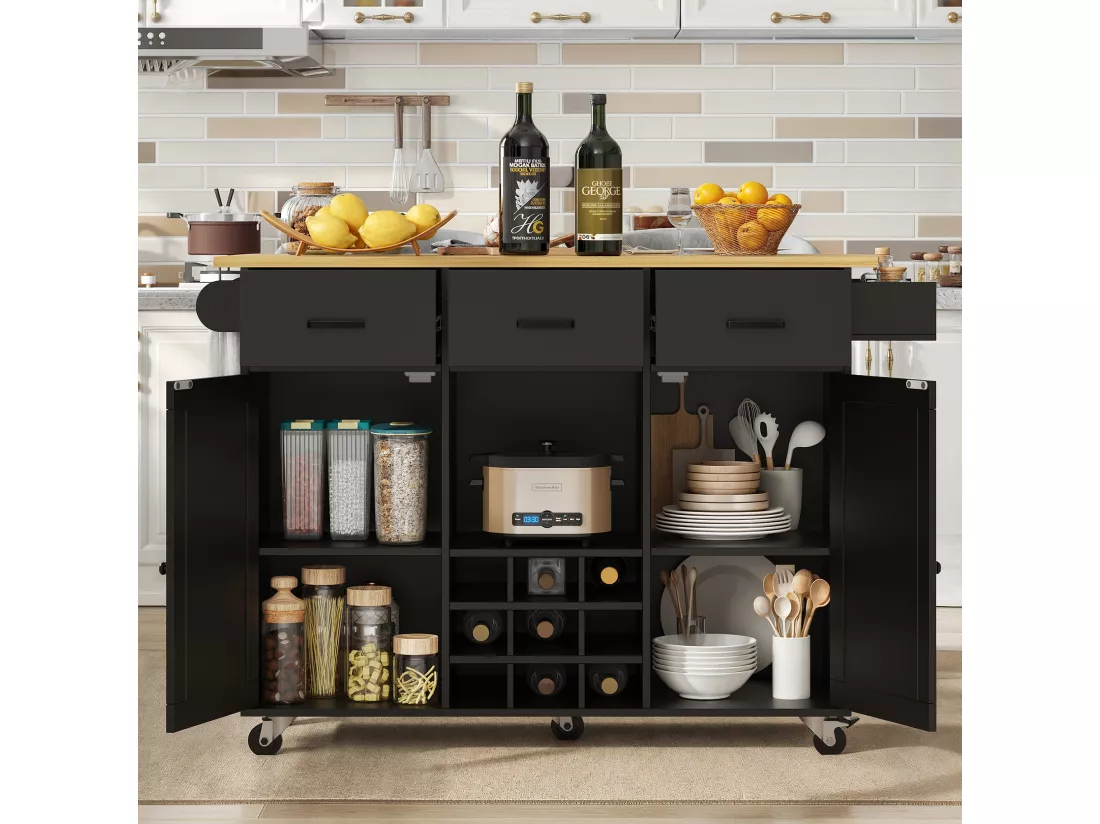 Ilot central de cuisine mobile avec 2 portes, 3 tiroirs et casier à vin 9 bouteuills - Plateau extensible - 124 x 40/65 x 91.5 cm - MDF - Noir