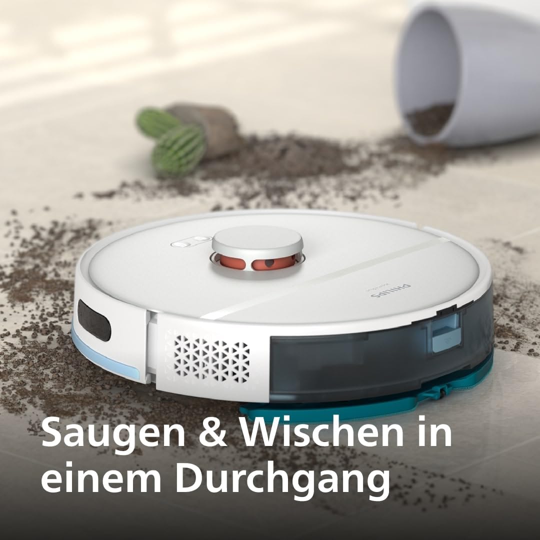 Philips Homerun Serie 2000 2. Gen: 2-in-1 Saug- und Wischroboter mit Absaugstation, 6.000pa Saugkraft, 130 Minuten Laufzeit, Lasernavigation, Teppichboost, App-gesteuert, Arktikweiß (XU2100/25)