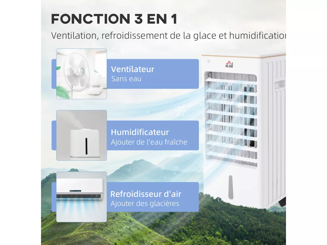 Refroidisseur d'air oscillant ventilateur humidificateur 3 en 1 - timer, télécommande, affichage LED - blanc