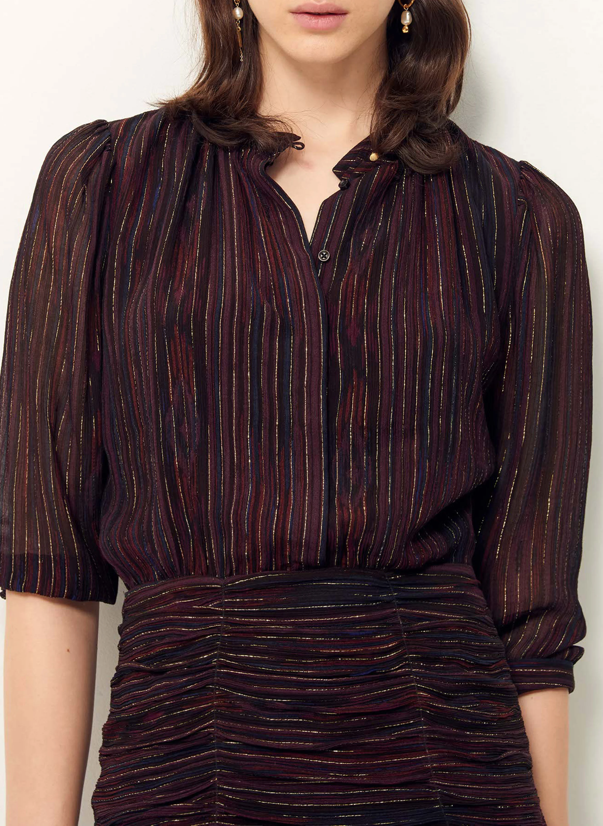 GAYA - Robe courte col V à rayures| Marron