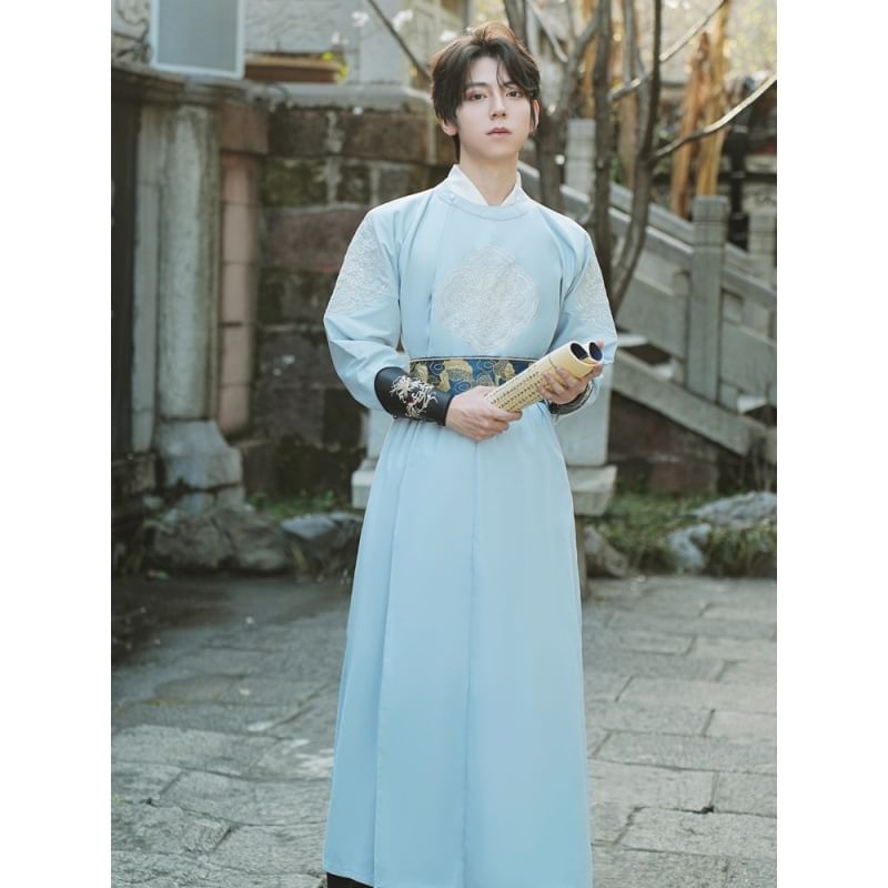 Tangier - Effen Hanfu-top met lange mouwen / Losse broek / Geborduurde gewaad / Sjerp / Polsmanchet / Set