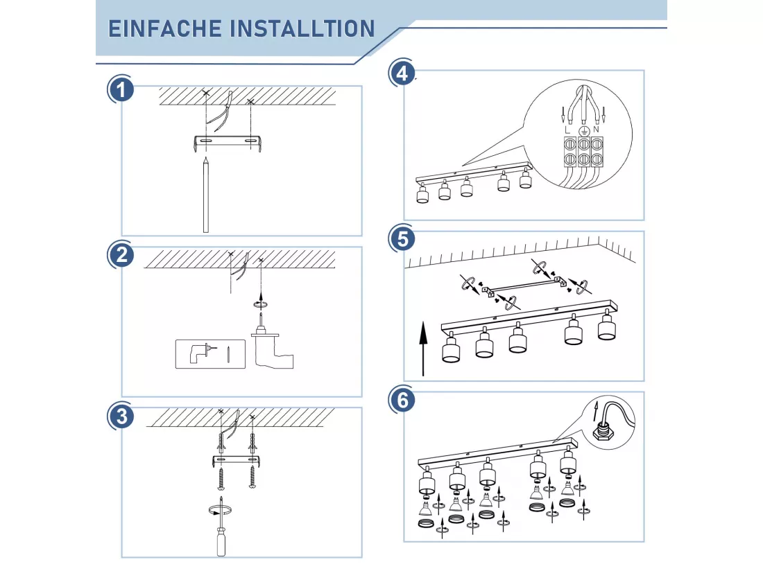 NETTLIFE Plafonnier Blanc moderne : 5 spots de plafond orientables en métal, plafonnier GU10, pour chambre, salle à manger, sans ampoule