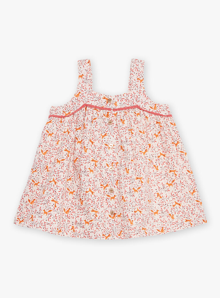 Robe chasuble écrue en twill à imprimé fleuri et renards