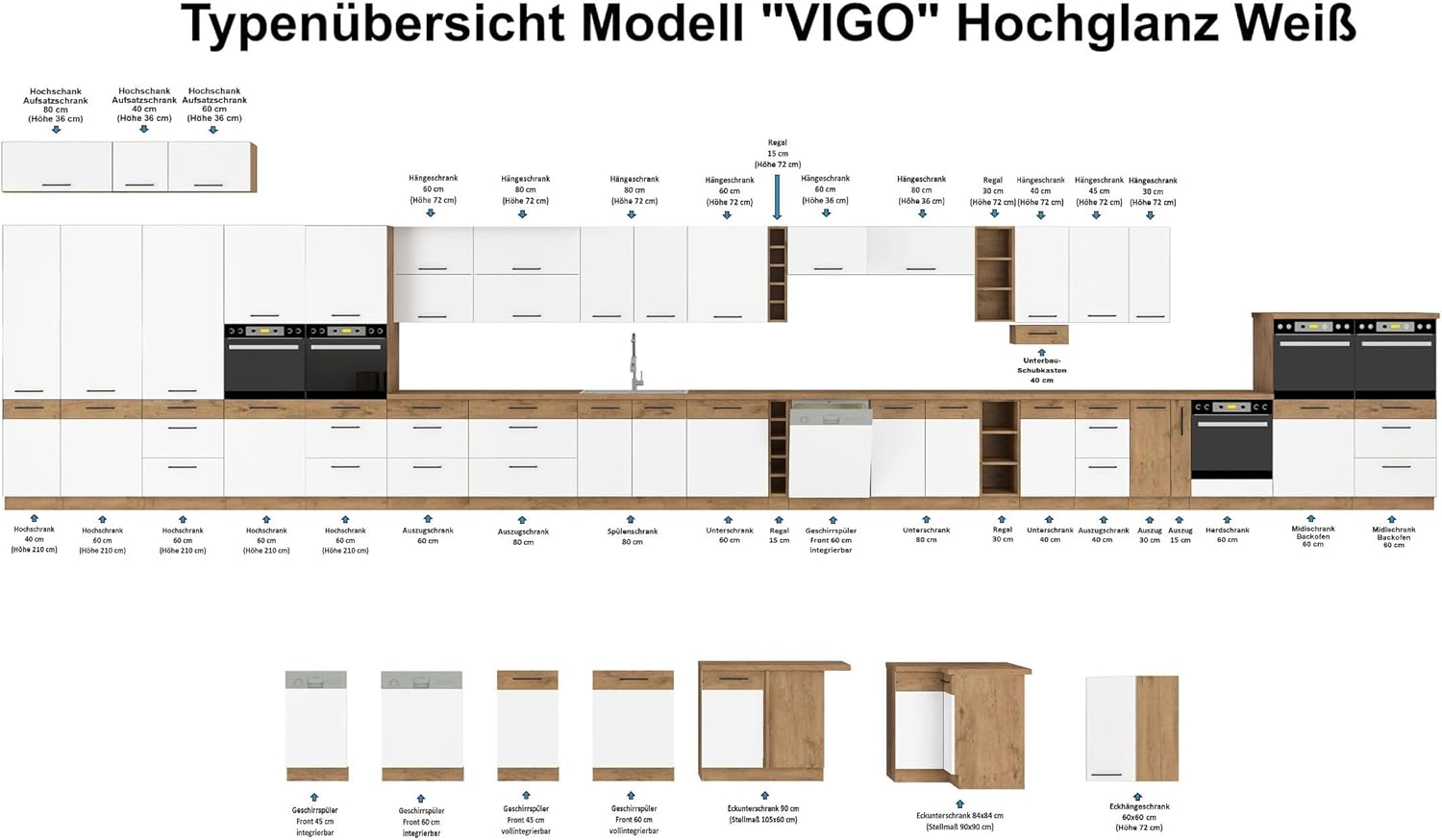 Küche VIGO Basic Weiß Hochglanz Lancelot 240 Küchenzeile Küchenblock Einbauküche