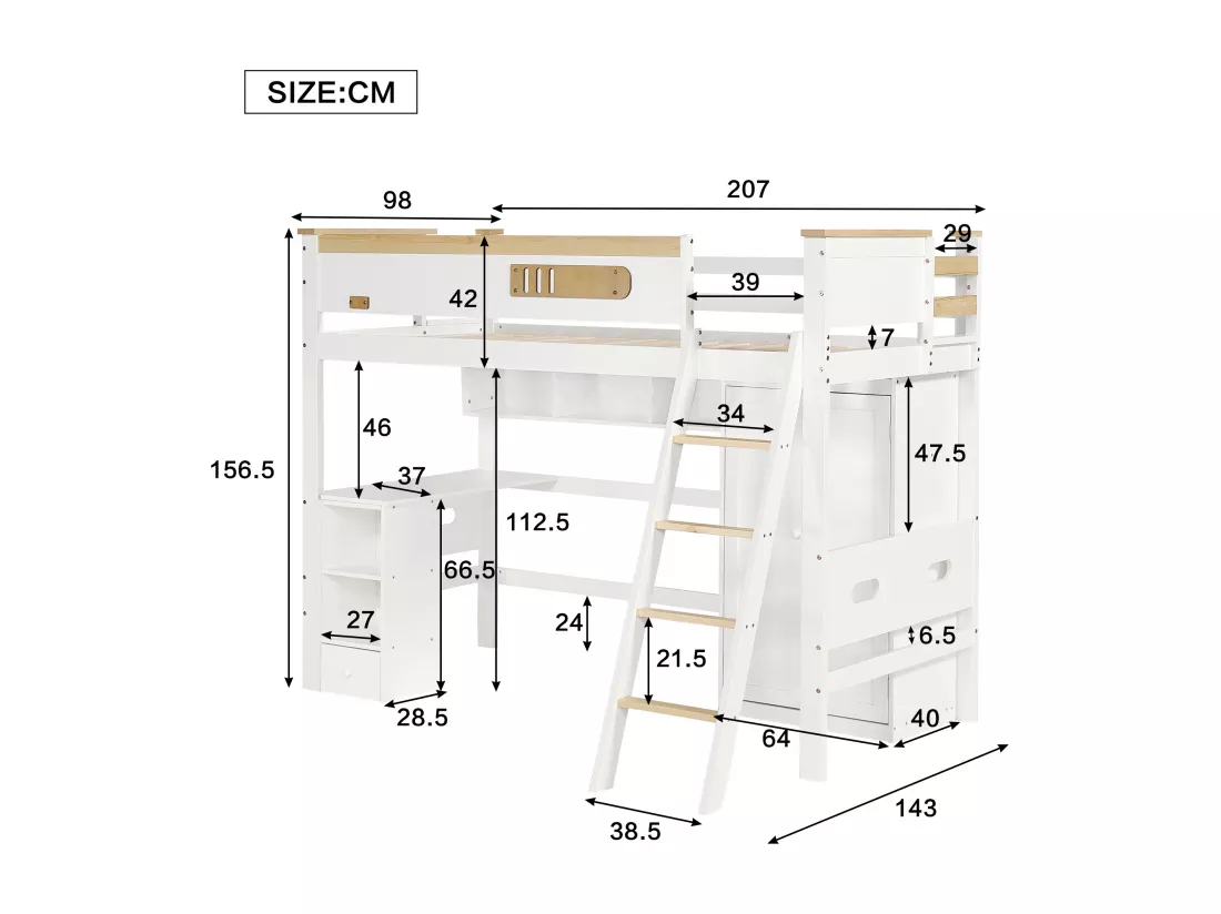 Lit mezzanine 90 x 200 cm avec bureau, armoire et étagères de rangement - Pin+MDF+contreplaqué - Blanc et naturel