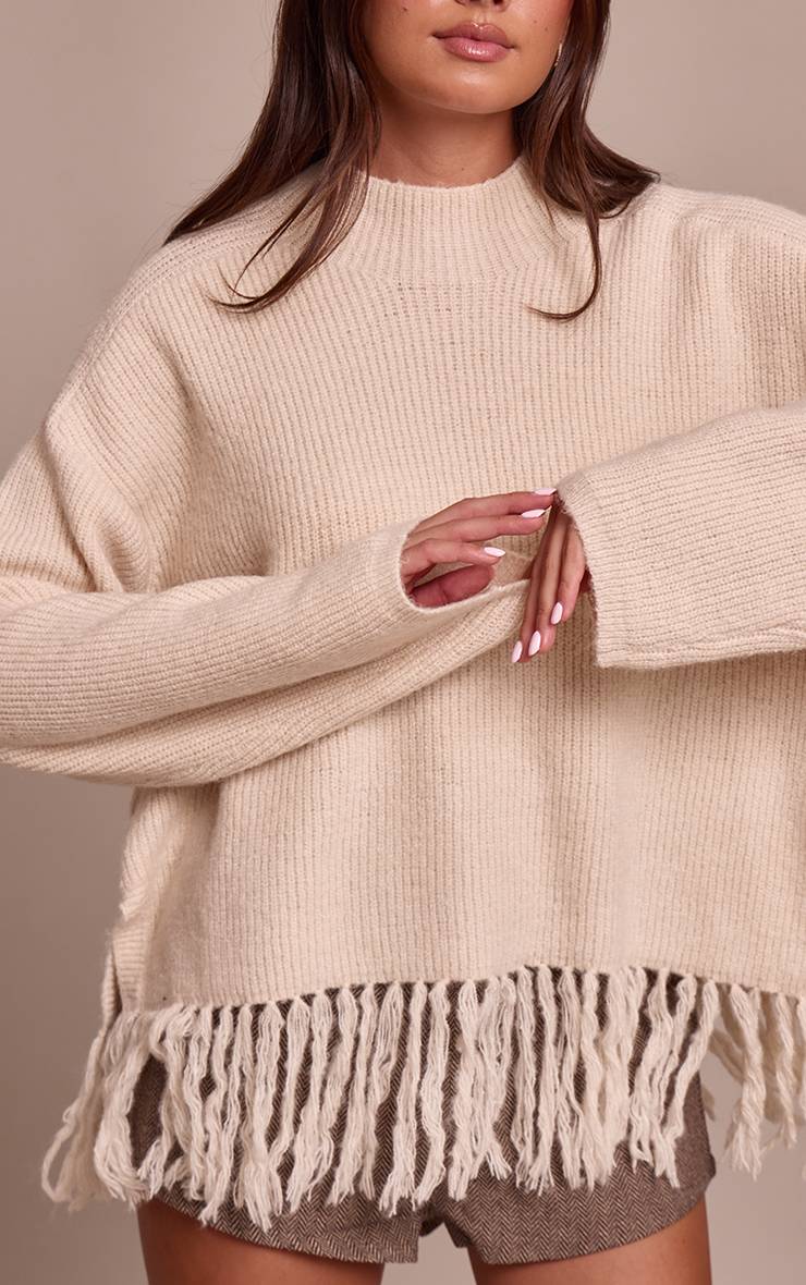 Beige Synthétiquell Oversize Col Rond À Franges
