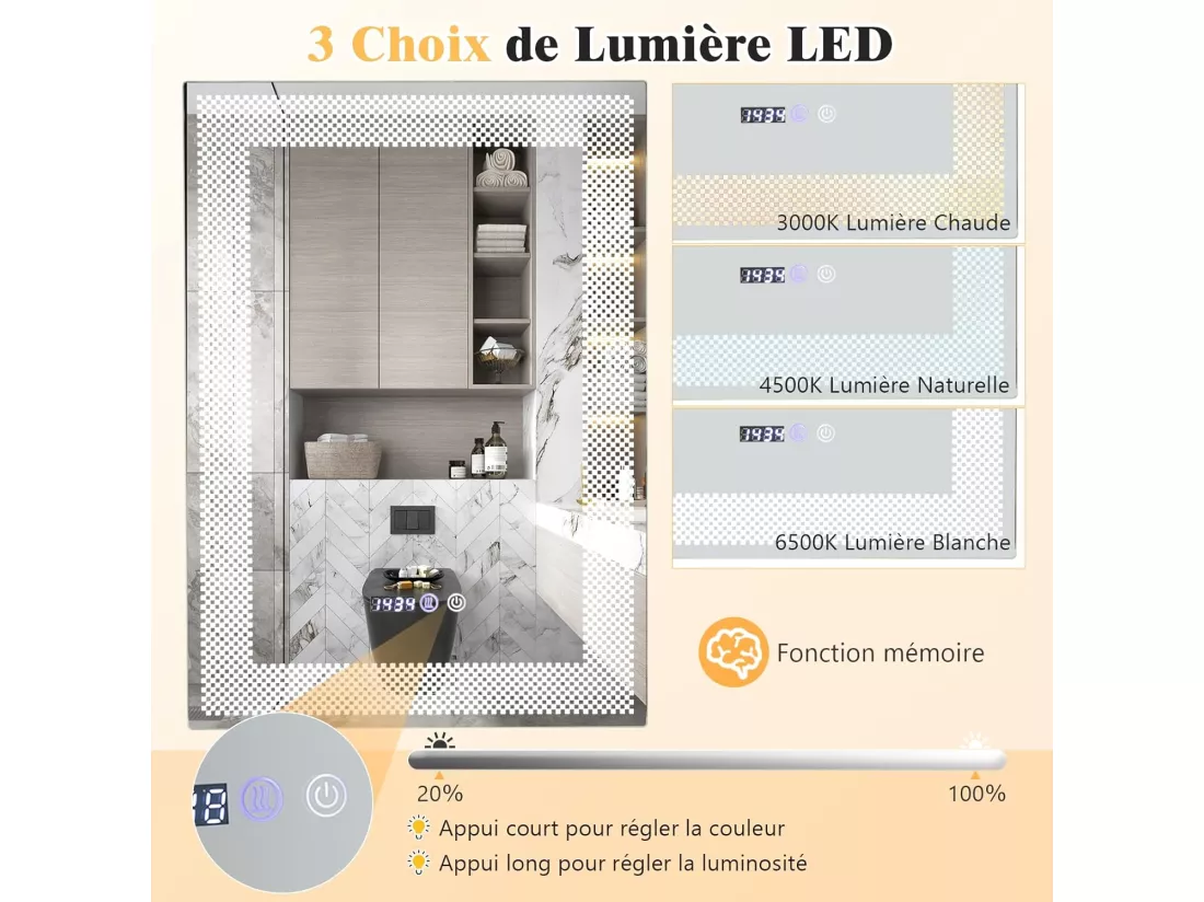Miroir Salle de Bain LED à 3 Couleurs & Luminosité Réglable, 70 x 50 cm