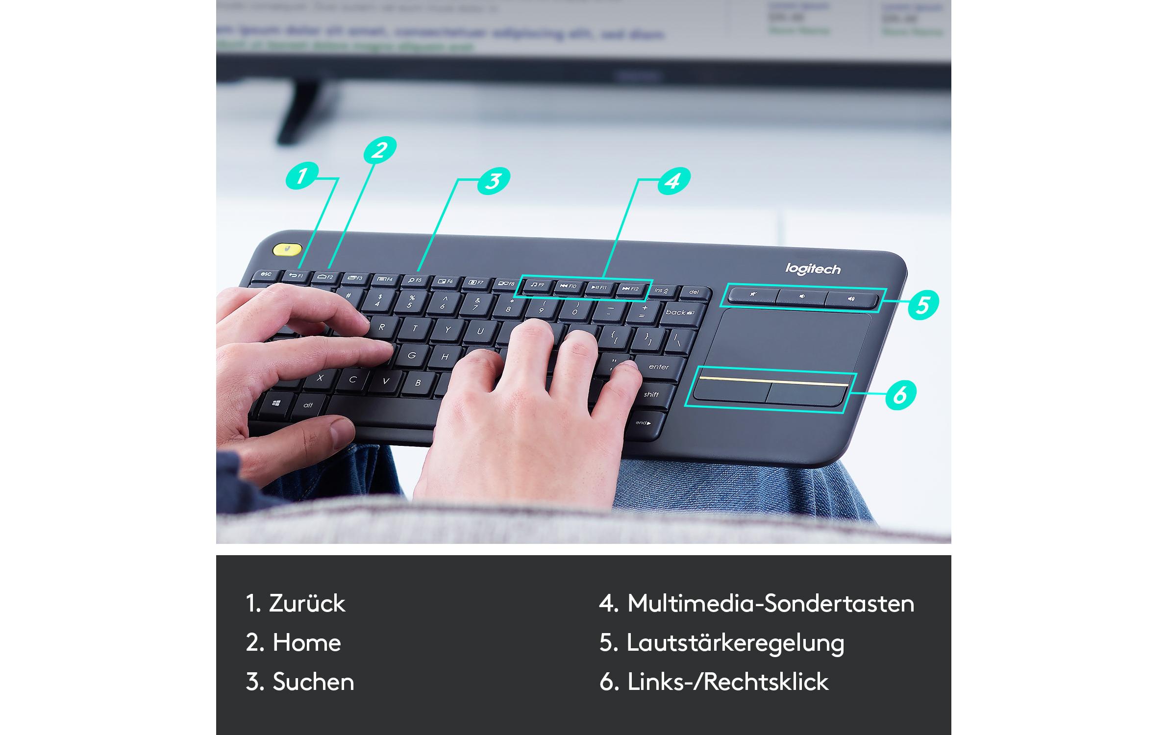 Tastatur K400 Plus CH-LayoutKabellose Tastatur mit Touchpad, CH-Layout, dunkelgrau