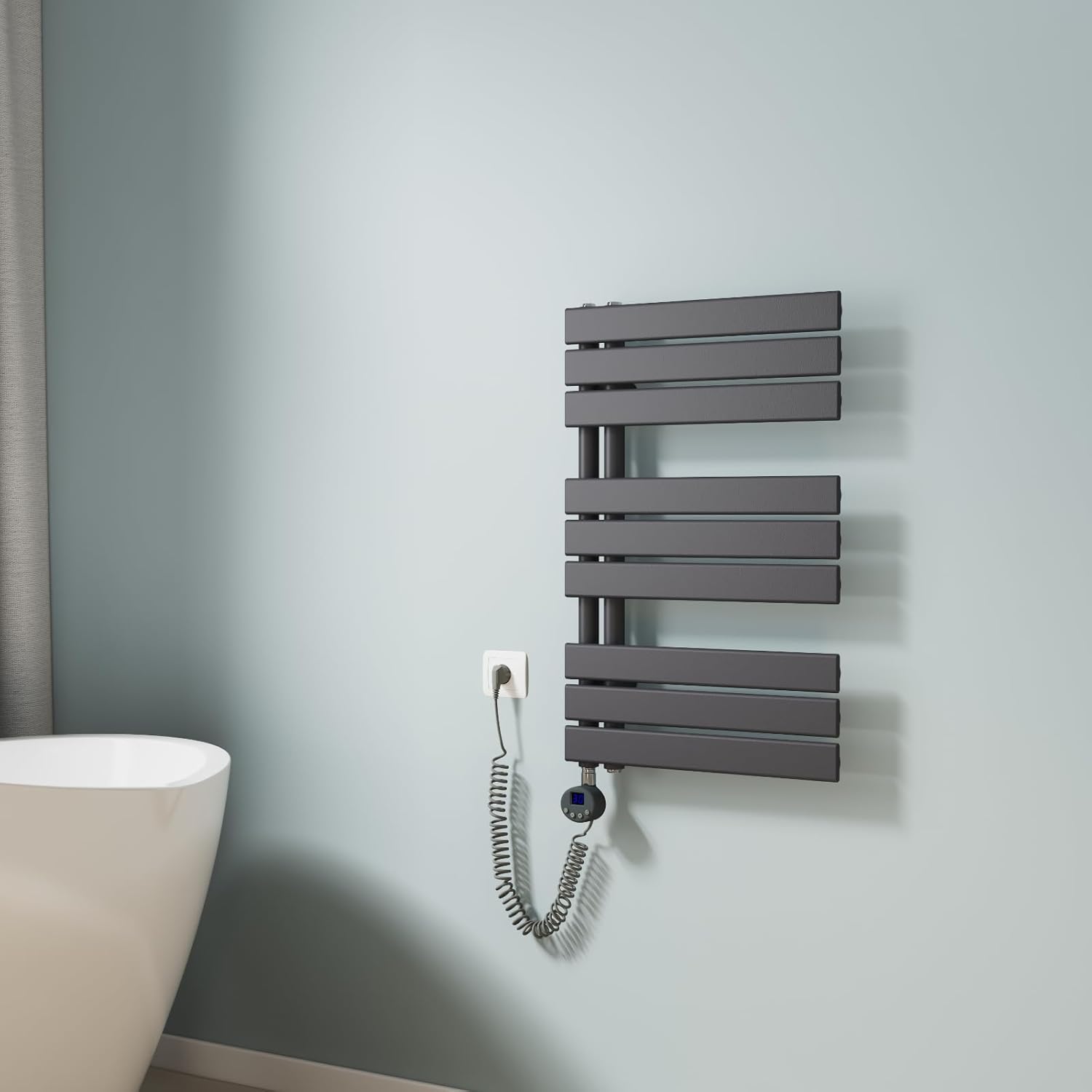 EMKE Handtuchheizkörper Elektrisch 762x500 mm, Flach Badheizkörper Handtuchhalter Elektrisch, Elektrischer Handtuchwärmer Handtuchtrockner Handtuchheizung mit Thermostat und Heizstab, 400W Anthrazit