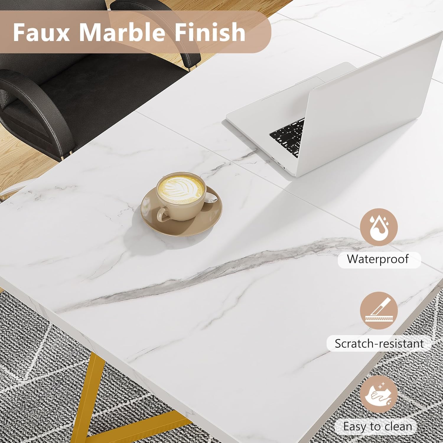 Tribesigns Moderner Goldener Esstisch,140X80 cm weißer Küchentisch mit goldfarbenen Metallbeinen, künstlicher Marmor, Kleiner Esszimmer-Küchentisch für 4-6 Personen, rechteckiger Esstisch für Wohnung HV0886085