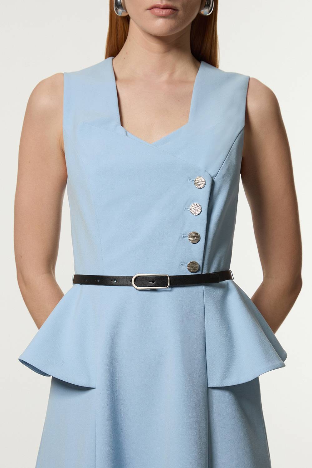 KarenMillen Robe Midi Petite À Jupe Évasée Avec Ceinture Et Détail Péplum En Tissu Stretch Compact