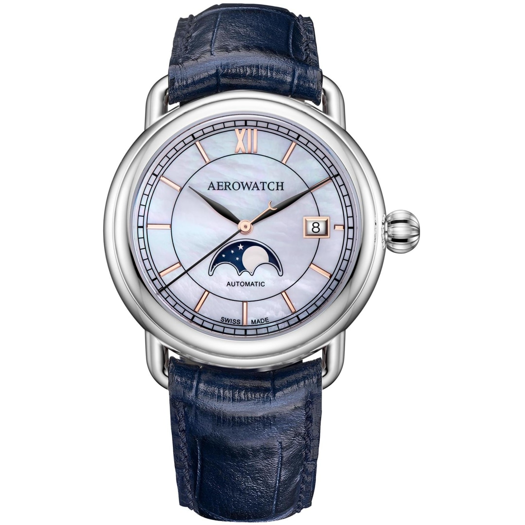 Aerowatch 1942 Automatic Moon Phase Blau / Perlmutt
