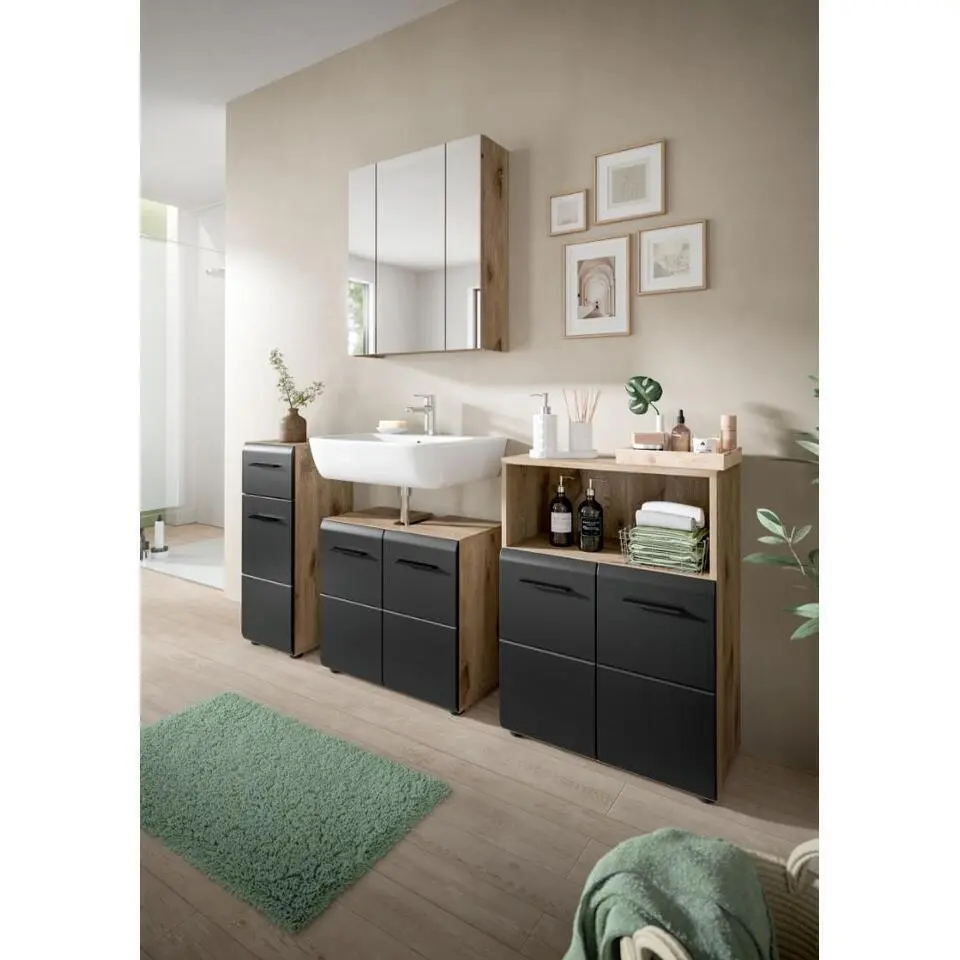 Hioshop Ice wastafel 2 deuren zwart mat- eiken decor