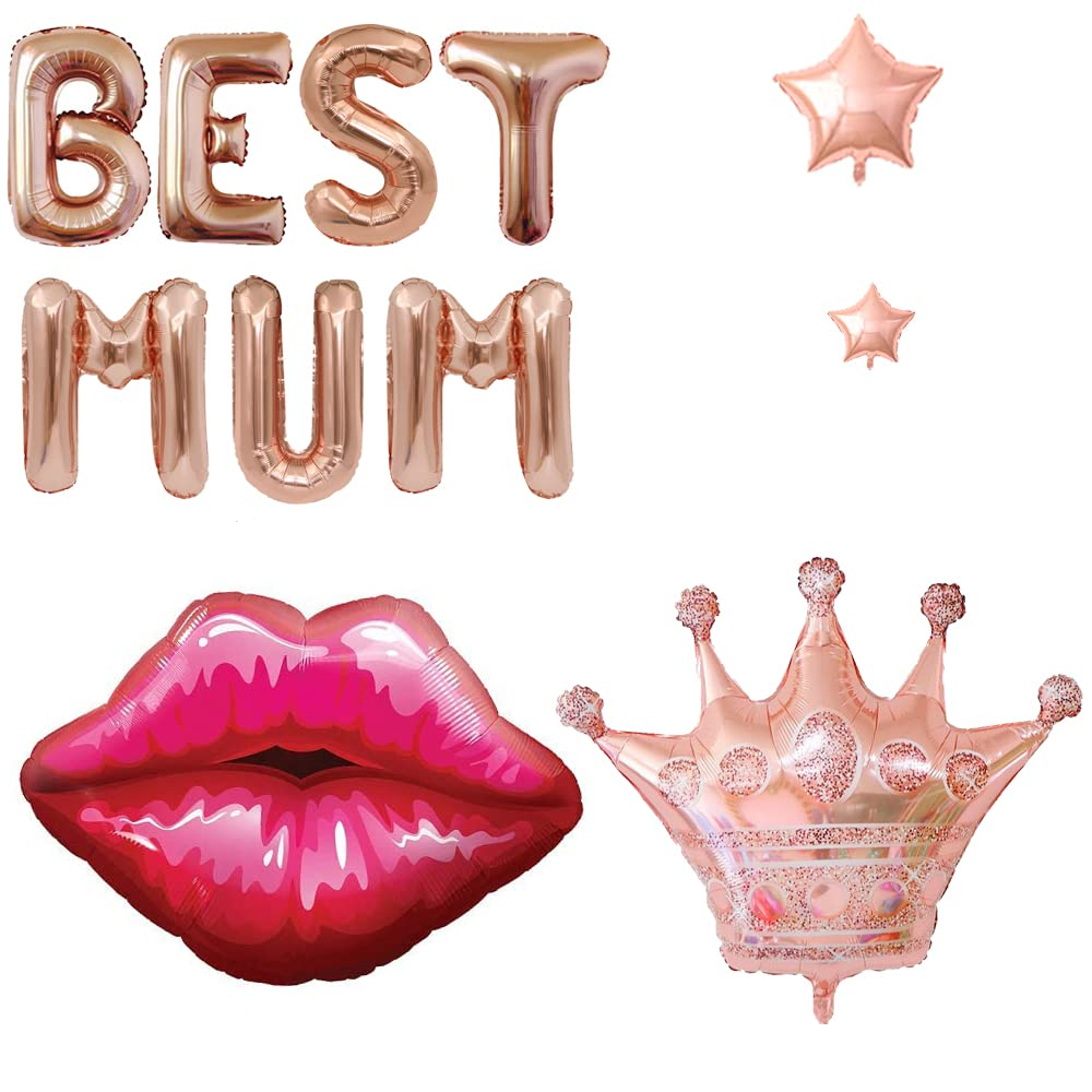 (38-tlg. Set) Party Ballons Muttertag Folien Ballons Dekoration Best Mum / Krone / Kussmund / Sterne - Roségold / Rot