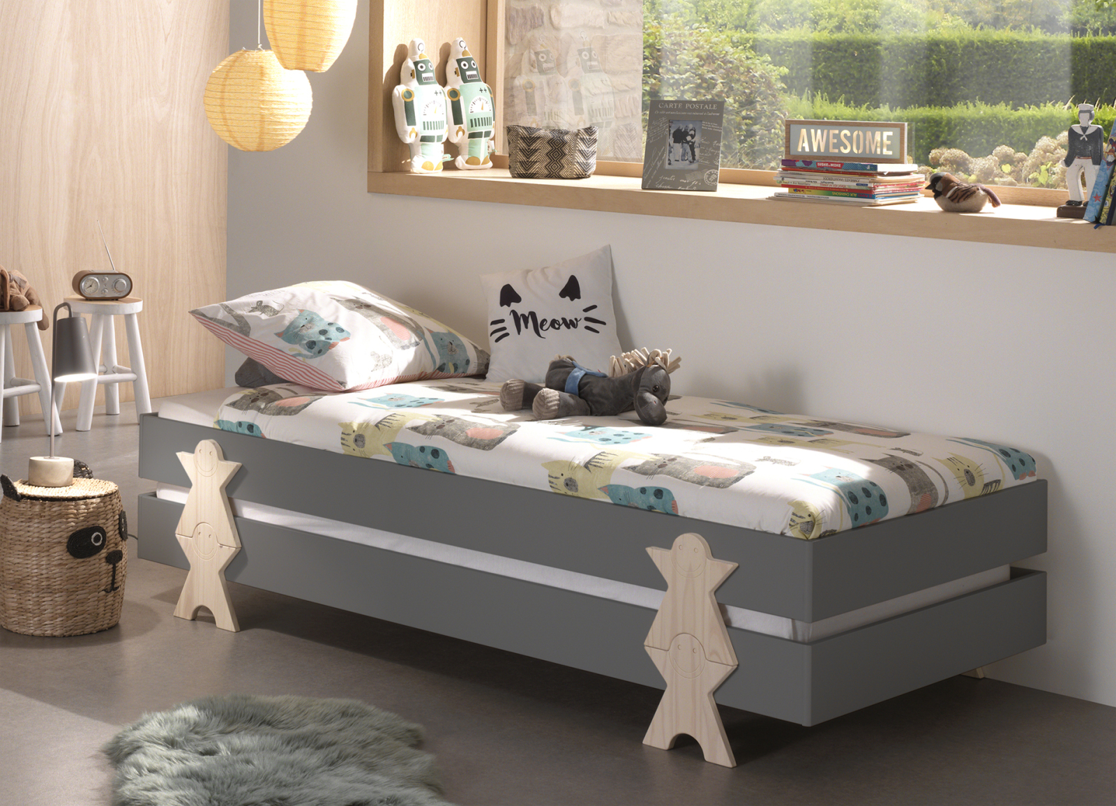2-teiliges Stapelbett-Set MODULO - grau - Smiley - 90x200 cm