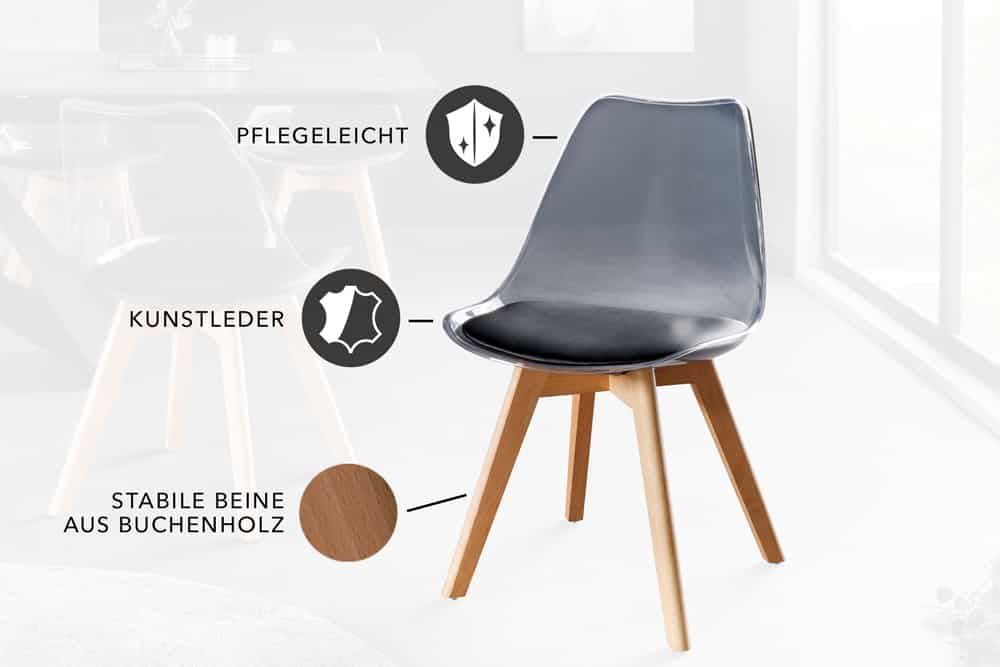 Design Stuhl SCANDINAVIA MEISTERSTÜCK transparent schwarz Kunststoff Buchenholz natur