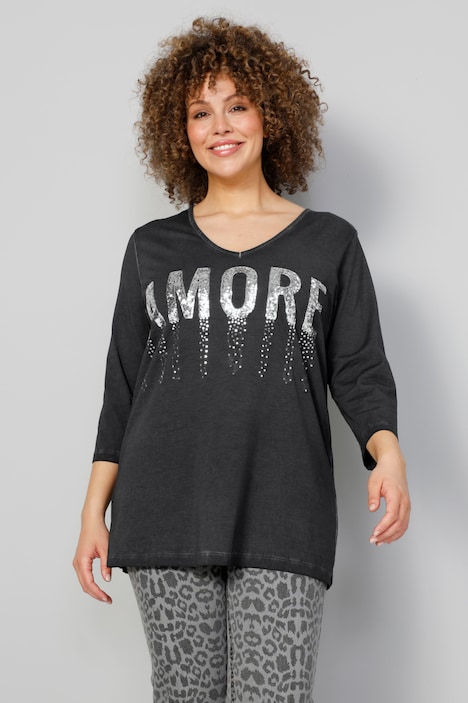 T-Shirt, AMORE Pailletten, V-Ausschnitt, 3/4-Ärmel