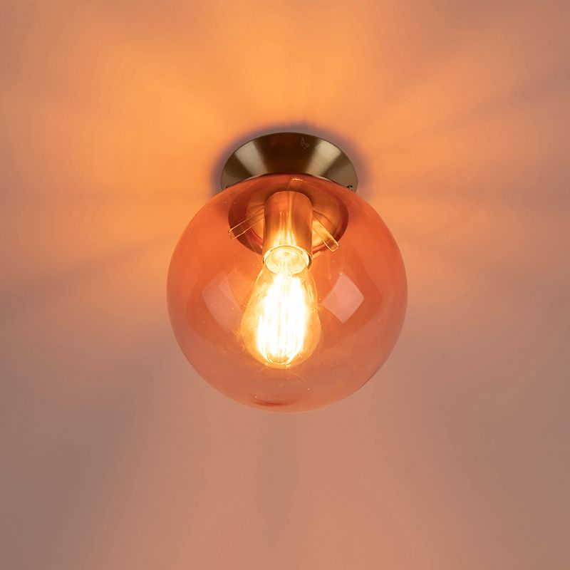 Art deco plafondlamp messing met roze glas - Pallon